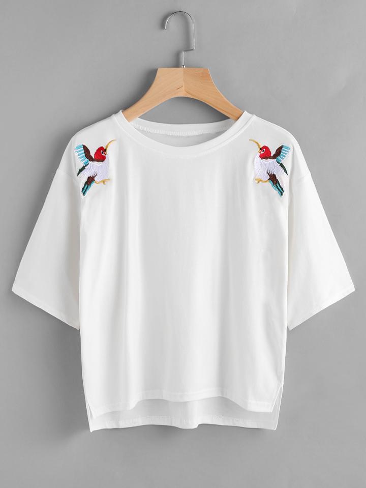 Shein Embroidered Dip Hem Drop Shoulder Tee