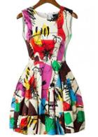 Rosewe Round Neck Sleeveless Mini Dress With Graffiti Pattern
