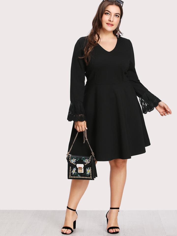 Shein Lace Insert Fitted & Flared Solid Dress