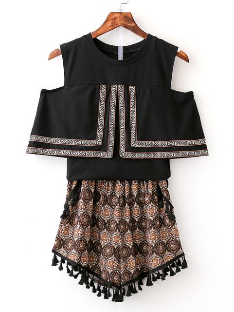 Shein Black Cold Shoulder Blouse With Tassel Vintage Shorts