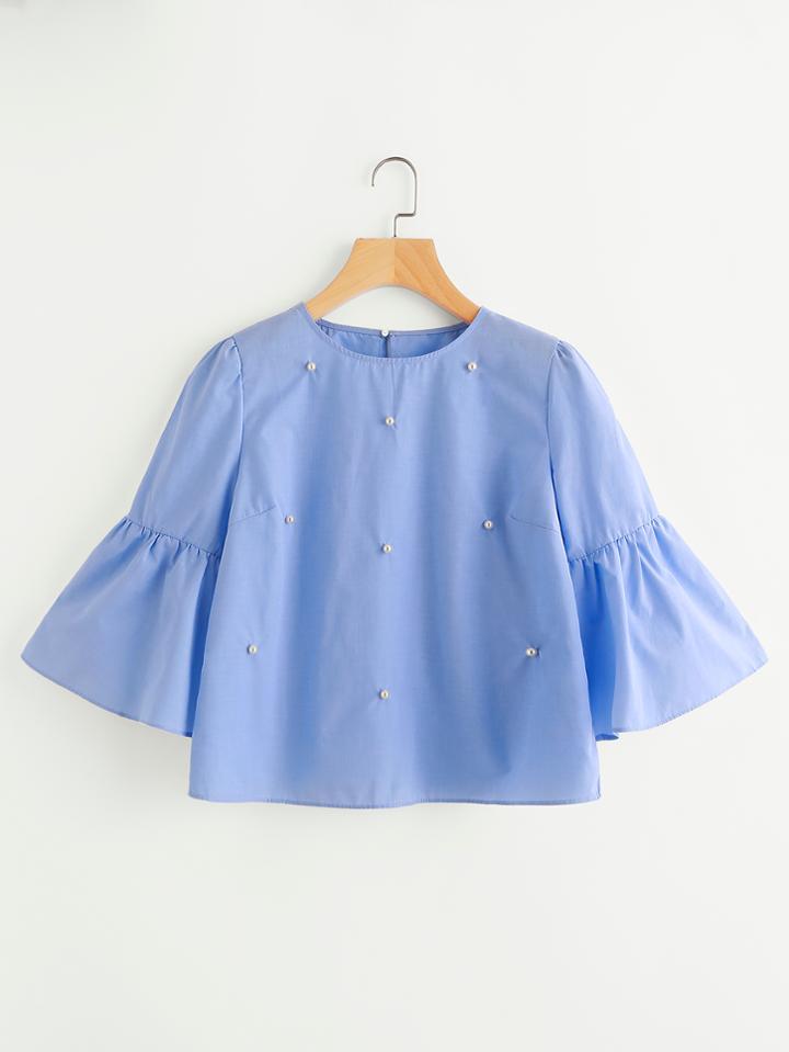 Shein Bell Sleeve Blouse With Faux Pearl Detail