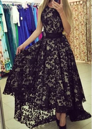 Rosewe Belted Black Lace Asymmetric Hem Maxi Dress