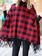 Shein Red And Black Plaid Fringe Cape