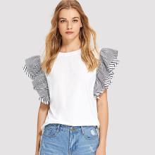 Shein Flutter Sleeve Striped Tunic Tee