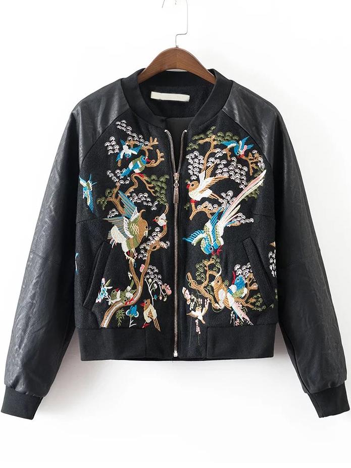 Shein Black Bird Embroidery Zipper Up Pu Jacket