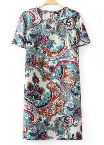 Rosewe Retro Print Design Short Sleeve Round Neck Mini Dress