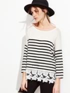 Shein Black And White Striped Floral Crochet Trim T-shirt