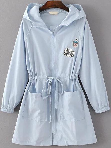 Shein Blue Letter Print Drawstring Hooded Trench Coat With Pockets