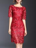 Shein Red Boat Neck Gauze Embroidered Sheath Dress