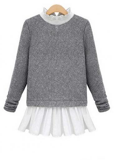 Rosewe Chic Patchwork Stand Collar Tees Grey And White