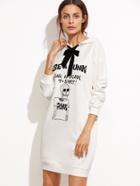 Shein Beige Print Contrast Bow Tie Hooded Sweatshirt Dress