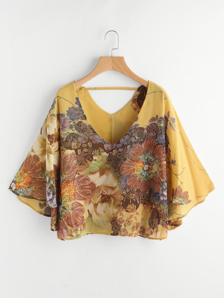 Shein Florals Double V Kaftan Blouse