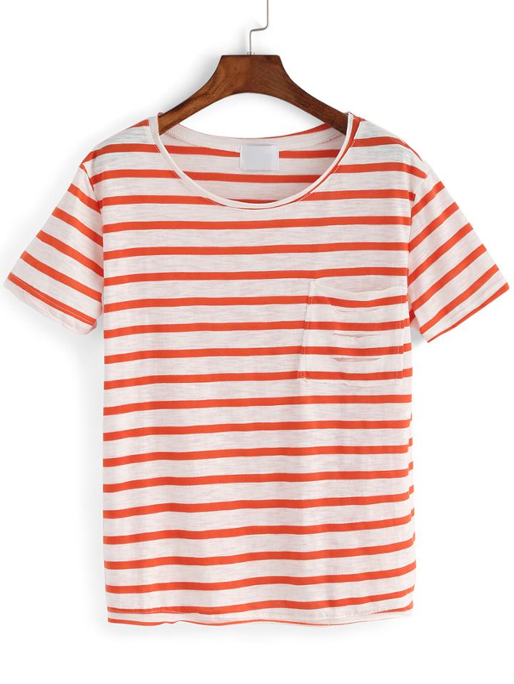 Shein Orange Crew Neck Pocket Striped T-shirt