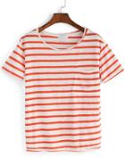Shein Orange Crew Neck Pocket Striped T-shirt