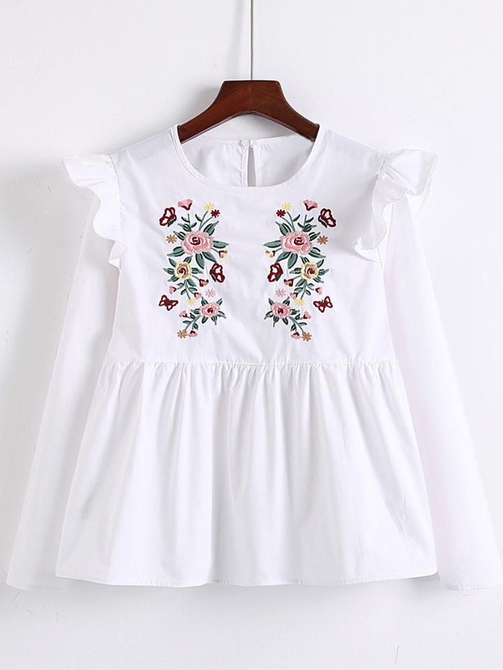 Shein Flower Embroidery Frill Trim Top