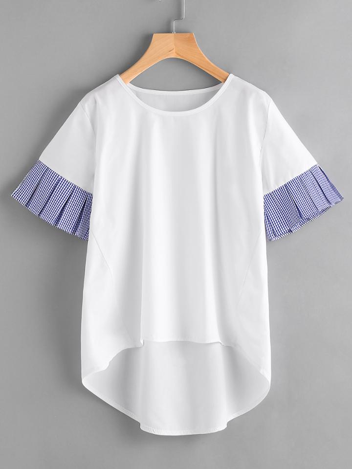 Shein Contrast Gingham Frill Trim Dip Hem Top