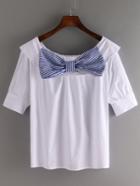 Shein Striped Bow Embellished Folded Neck Top - White