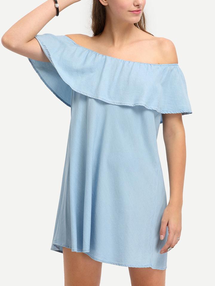 Shein Light Blue Denim Off The Shoulder Ruffle Shift Dress