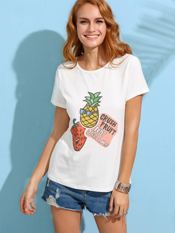 Shein Fruit Print White T-shirt