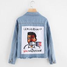 Shein Plus Raw Hem Figure Print Denim Jacket