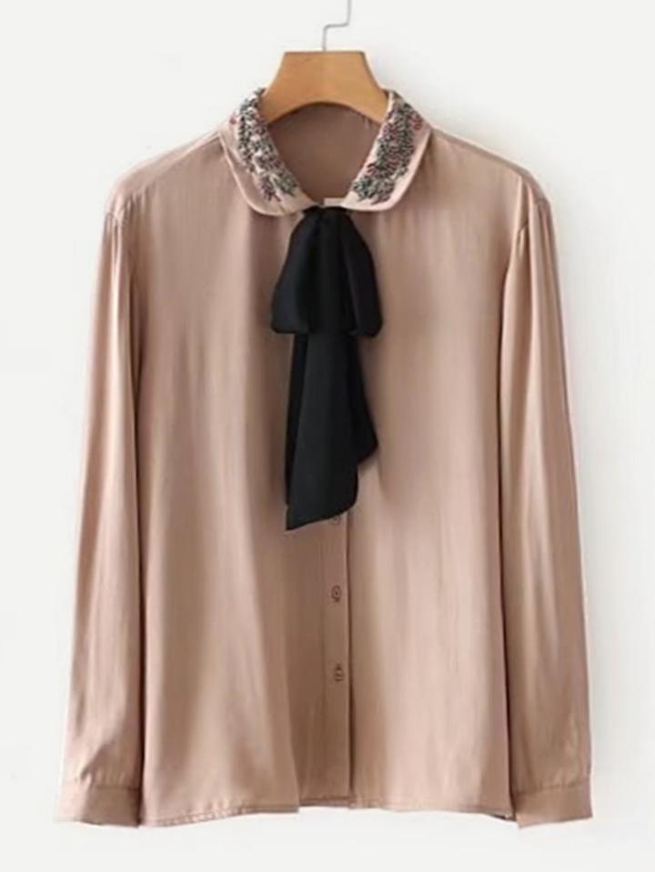 Shein Beaded Detail Tie Neck Blouse