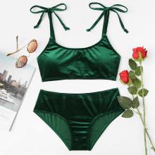 Shein Self Tie Straps Velvet Bikini Set