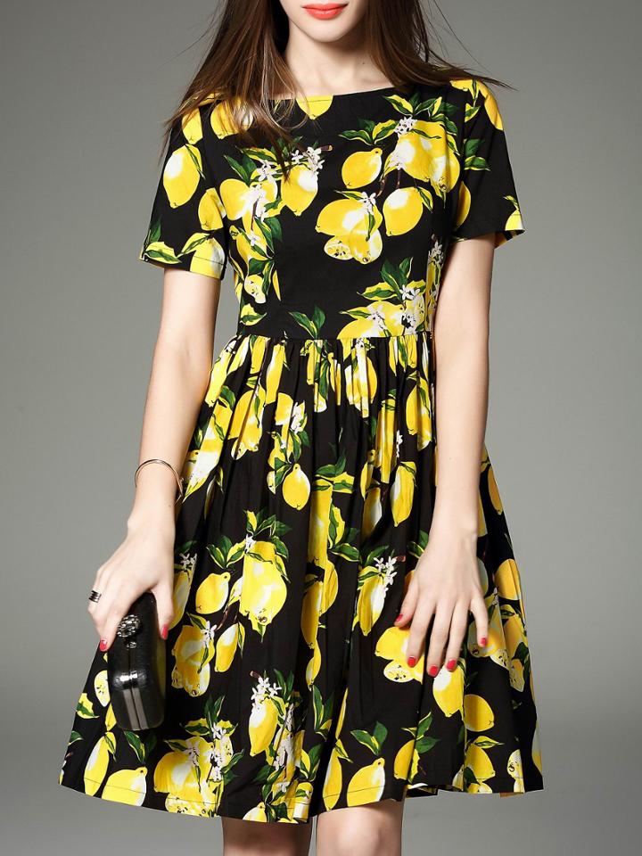 Shein Black Crew Neck Lemon A-line Dress