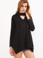 Shein Black Cut Out High Neck Asymmetric T-shirt