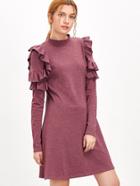 Shein Heather Burgundy Mock Neck Ruffle Trim A Line Dress