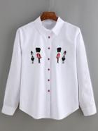 Shein White Long Sleeve Soldier Embroidered Blouse