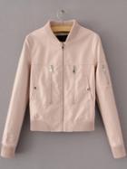 Shein Pink Zipper Detail Ribbed Trim Pu Jacket