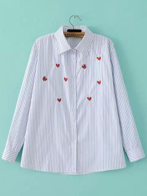 Shein Blue White Vertical Stripe Heart Embroidered Blouse