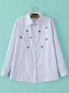 Shein Blue White Vertical Stripe Heart Embroidered Blouse