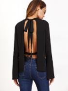 Shein Black Bow Tie Open Back Side Slit Bell Sleeve T-shirt