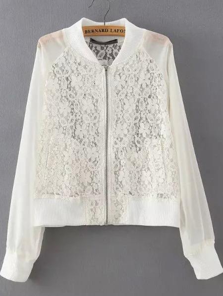 Shein White Stand Collar Lace Crop Jacket