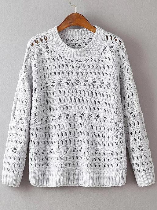 Shein Grey Hollow Out Drop Shoulder Loose Sweater