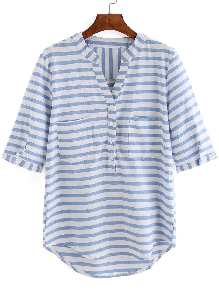 Shein Elbow Sleeve Striped High Low Blouse
