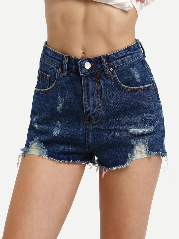 Shein Ripped Dark Blue Denim Shorts