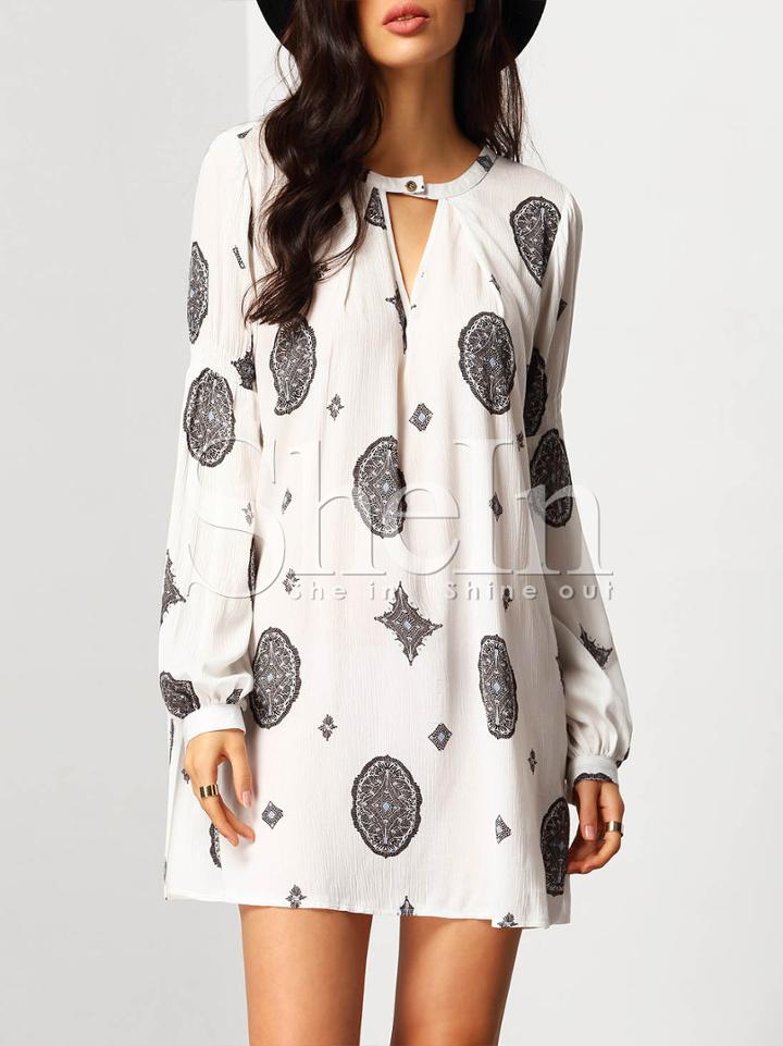 Shein White Cut Out Front Aztec Print Dress
