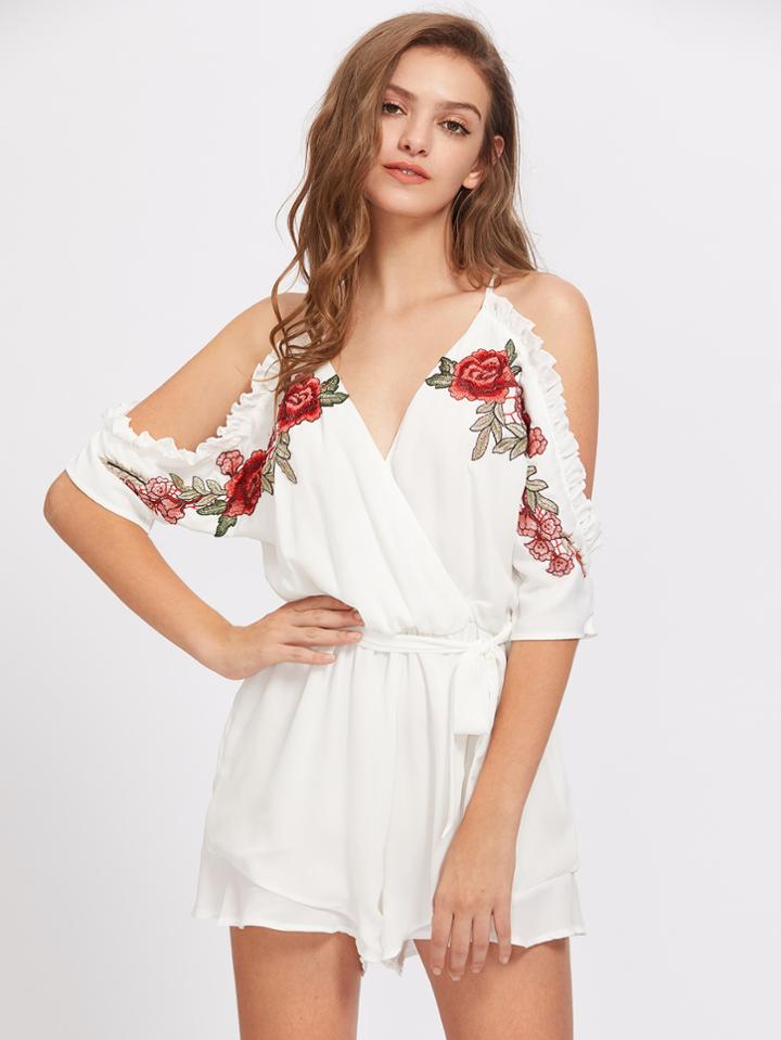 Shein Cold Shoulder Frill Trim Tie Waist Playsuit