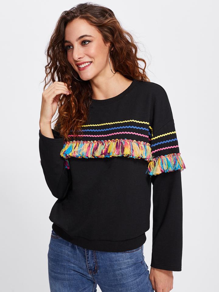 Shein Colorful Tassel And Chevron Patched Pullover