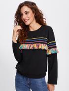 Shein Colorful Tassel And Chevron Patched Pullover