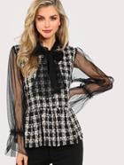 Shein Contrast Mesh Sleeve Peplum Tweed Blouse