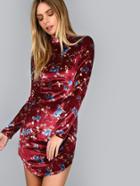 Shein Red Floral Print Mock Neck Long Sleeve Bodycon Dress