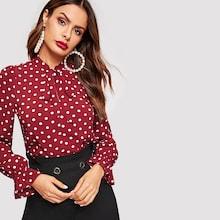 Shein Tie Neck Flounce Sleeve Polka Dot Top
