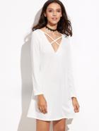 Shein White Deep V Neck Lattice Front Tee Dress