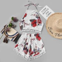 Shein Tassel Trim Open Back Halter Top With Petal Shorts
