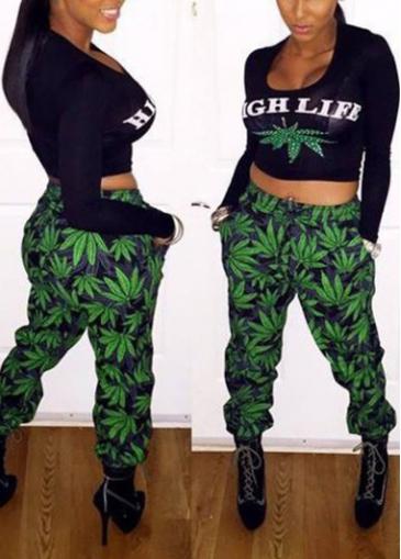 Rosewe Long Sleeve Top Match Leaf Printed Pants
