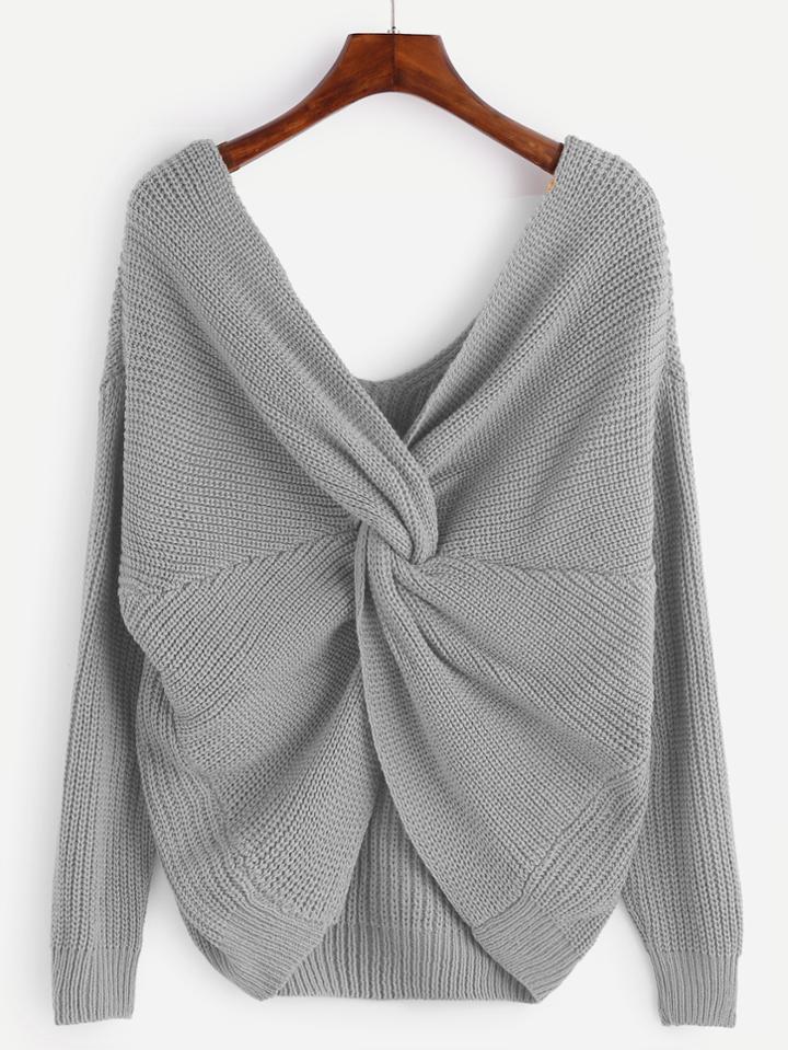 Shein Grey V Neck Knot Sweater