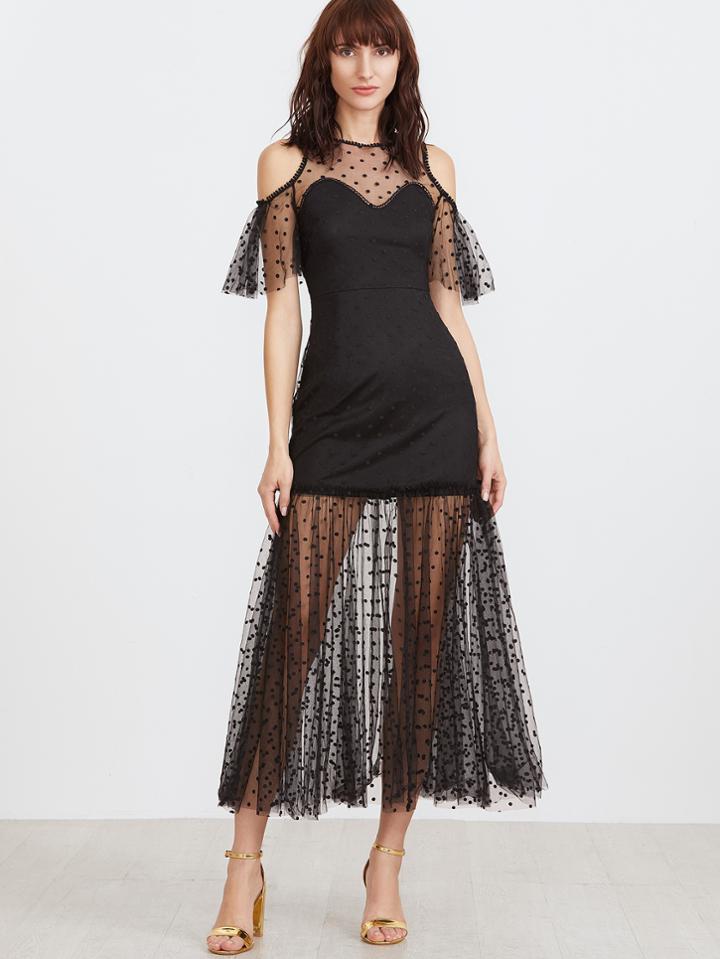 Shein Black Polka Dot Mesh Overlay Cold Shoulder Dress